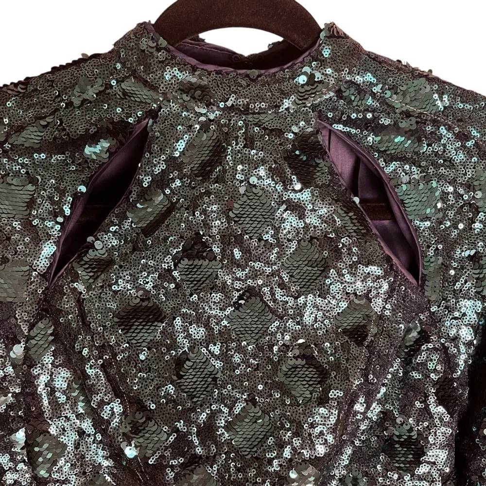 Free People Teal Sequined Chantes Holiday Backless Blouson Sleeves Dress Size 2
